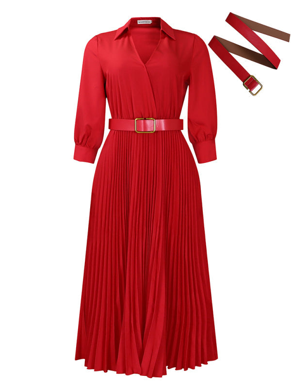 Elegant Dresses- Belted Elegant Pleated Midi Dress for Cocktail Affairs- - IndioGear Women Clothing