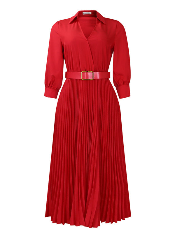 Elegant Dresses- Belted Elegant Pleated Midi Dress for Cocktail Affairs- - IndioGear Women Clothing