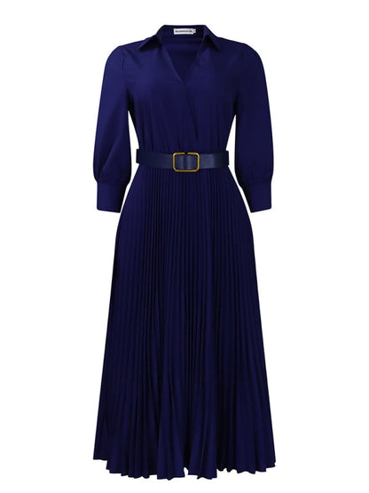 Elegant Dresses- Belted Elegant Pleated Midi Dress for Cocktail Affairs- - IndioGear Women Clothing