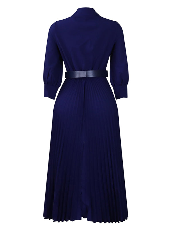 Elegant Dresses- Belted Elegant Pleated Midi Dress for Cocktail Affairs- - IndioGear Women Clothing