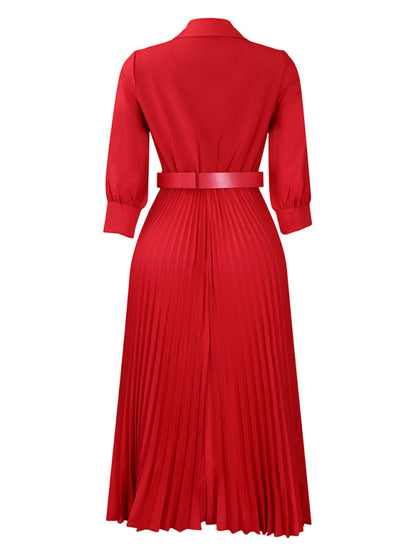 Elegant Dresses- Belted Elegant Pleated Midi Dress for Cocktail Affairs- - IndioGear Women Clothing