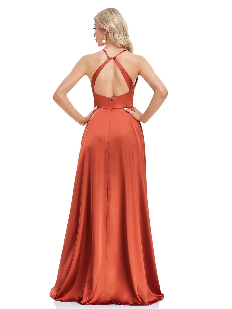 Elegant Dresses- Burnt Sienna Satin Maxi Dress for Elegant Evenings- - Chuzko Women Clothing