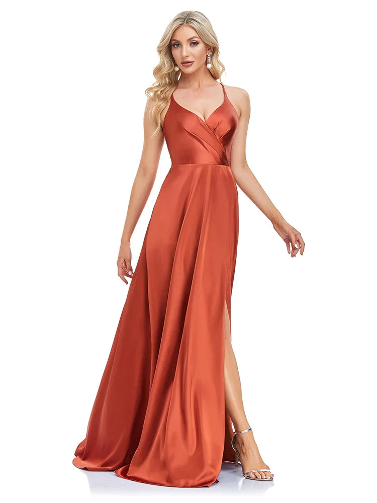 Elegant Dresses- Burnt Sienna Satin Maxi Dress for Elegant Evenings- - Chuzko Women Clothing