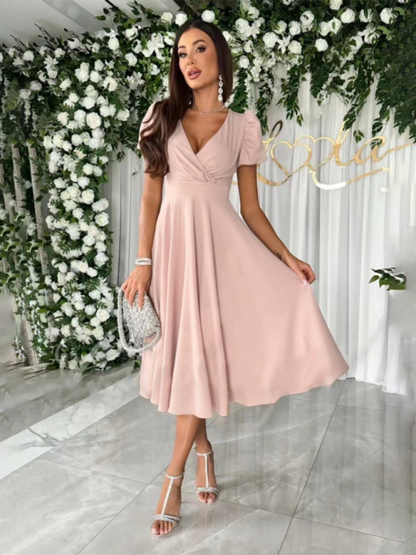 Elegant Dresses- Cocktail Couture Surplice V-Neck Dress with Puff Sleeves- - IndioGear Fashion and Gear