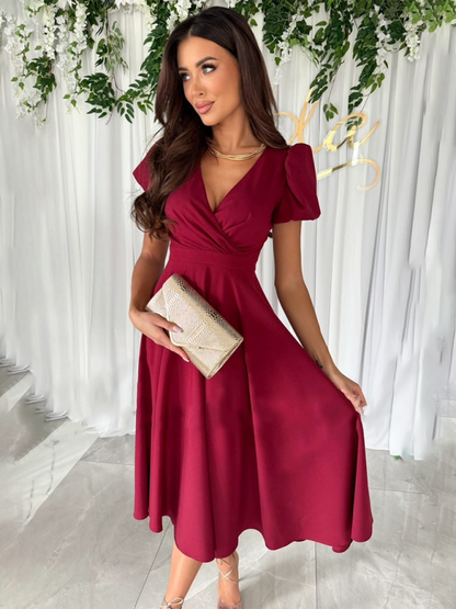 Elegant Dresses- Cocktail Couture Surplice V-Neck Dress with Puff Sleeves- Wine Red- IndioGear Fashion and Gear