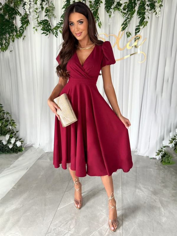 Elegant Dresses- Cocktail Couture Surplice V-Neck Dress with Puff Sleeves- - IndioGear Fashion and Gear