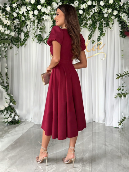 Elegant Dresses- Cocktail Couture Surplice V-Neck Dress with Puff Sleeves- - IndioGear Fashion and Gear