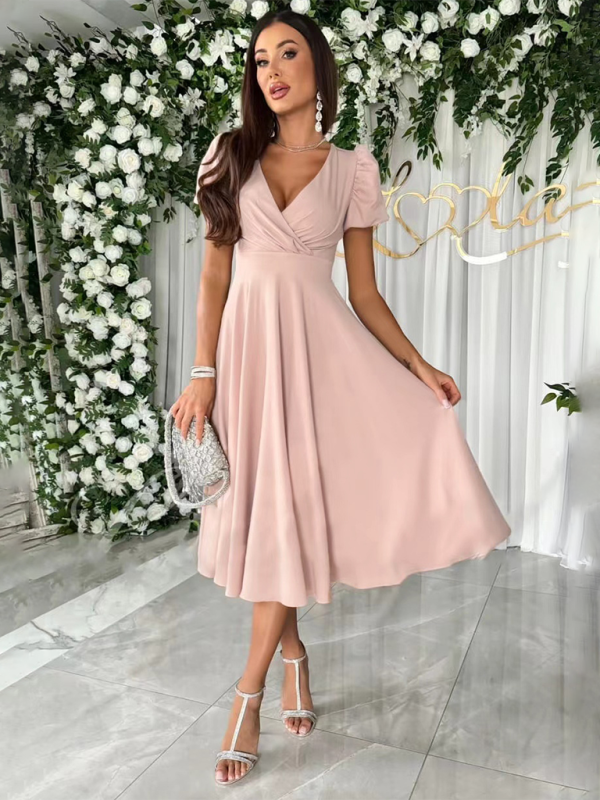 Elegant Dresses- Cocktail Couture Surplice V-Neck Dress with Puff Sleeves- - IndioGear Fashion and Gear