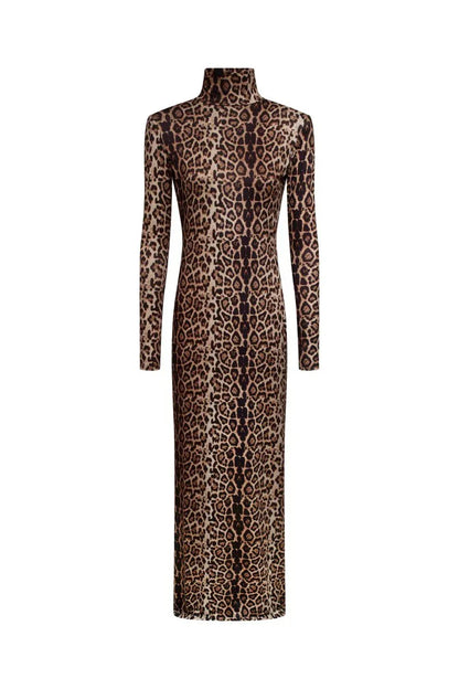 Elegant Dresses- Elegant Animal Print Gala Dress Winter High Neck Gown- - IndioGear Women Clothing