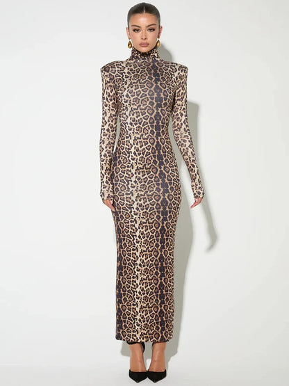 Elegant Dresses- Elegant Animal Print Gala Dress Winter High Neck Gown- - IndioGear Women Clothing