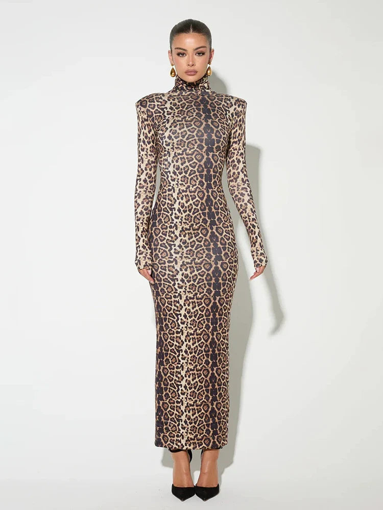 Elegant Dresses- Elegant Animal Print Gala Dress Winter High Neck Gown- Leopard- IndioGear Women Clothing