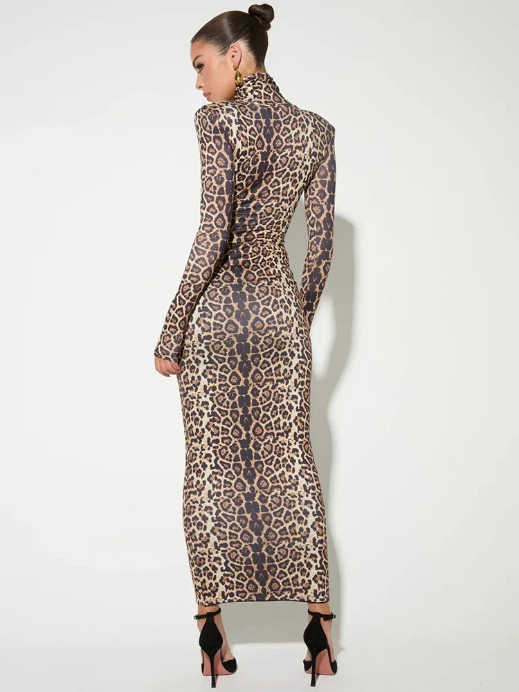 Elegant Dresses- Elegant Animal Print Gala Dress Winter High Neck Gown- - IndioGear Women Clothing