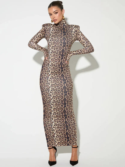 Elegant Dresses- Elegant Animal Print Gala Dress Winter High Neck Gown- - IndioGear Women Clothing