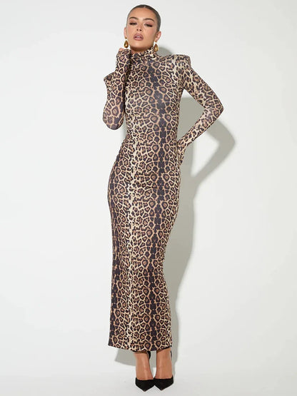 Elegant Dresses- Elegant Animal Print Gala Dress Winter High Neck Gown- - IndioGear Women Clothing