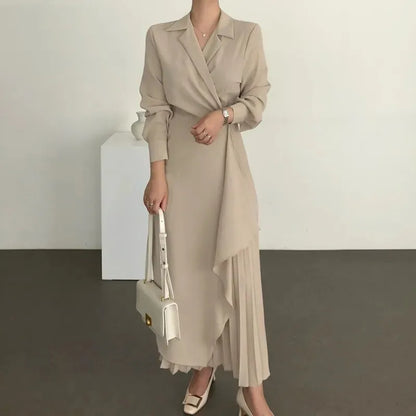 Elegant Dresses- Elegant Asymmetrical Wrap Dress for Business Settings- Beige- IndioGear.com