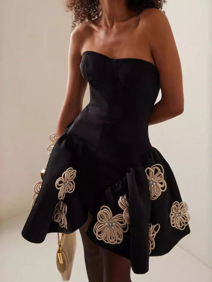 Elegant Dresses- Elegant Black Bustier Strapless Puff Mini Dress for Cocktail- Black- IndioGear Women Clothing