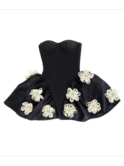 Elegant Dresses- Elegant Black Bustier Strapless Puff Mini Dress for Cocktail- - IndioGear Women Clothing