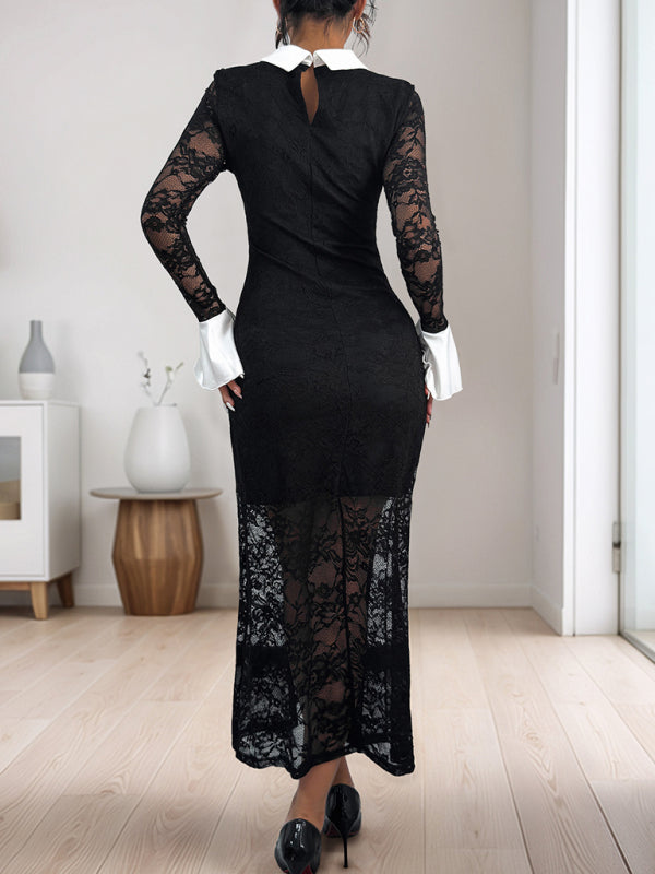 Elegant Dresses- Elegant Black Lace Mermaid Cocktail Dress Preppy-Collar Gown- - IndioGear Women Clothing