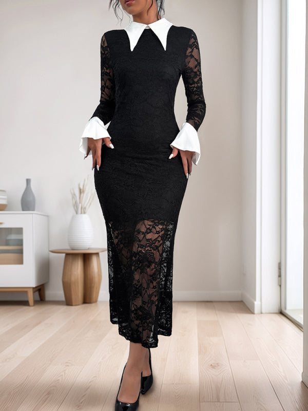 Elegant Dresses- Elegant Black Lace Mermaid Cocktail Dress Preppy-Collar Gown- - IndioGear Women Clothing