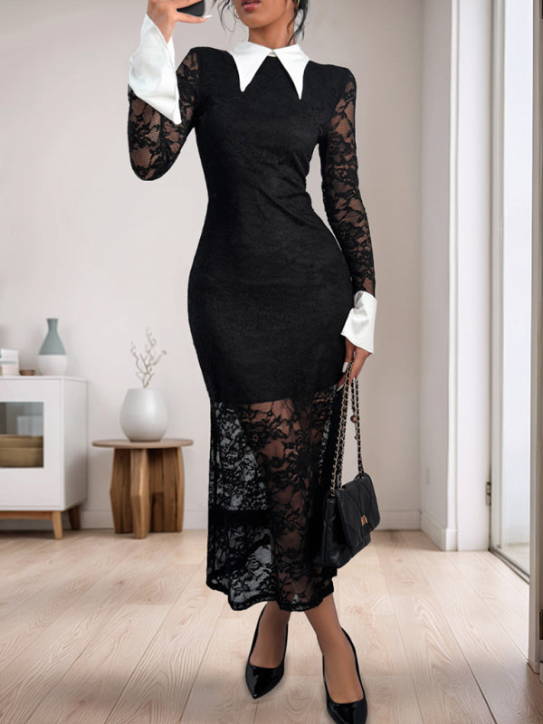 Elegant Dresses- Elegant Black Lace Mermaid Cocktail Dress Preppy-Collar Gown- - IndioGear Women Clothing