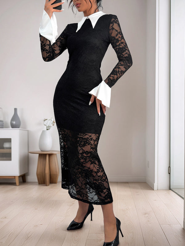 Elegant Dresses- Elegant Black Lace Mermaid Cocktail Dress Preppy-Collar Gown- Black- IndioGear Women Clothing