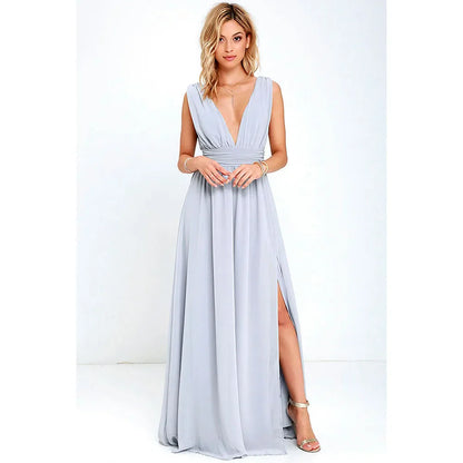 Elegant Dresses- Elegant Chiffon Maxi Dress - Plunging Neckline for Gala Nights- Sky blue- IndioGear Fashion and Gear