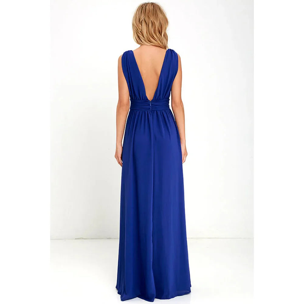 Elegant Dresses- Elegant Chiffon Maxi Dress - Plunging Neckline for Gala Nights- - IndioGear Fashion and Gear