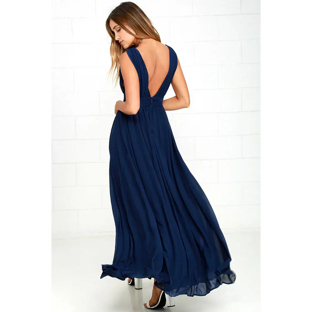 Elegant Dresses- Elegant Chiffon Maxi Dress - Plunging Neckline for Gala Nights- - IndioGear Fashion and Gear