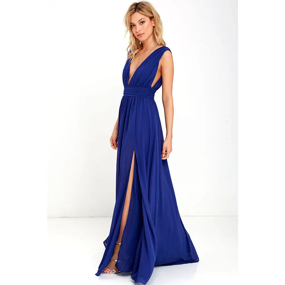 Elegant Dresses- Elegant Chiffon Maxi Dress - Plunging Neckline for Gala Nights- - IndioGear Fashion and Gear