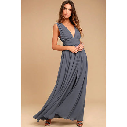 Elegant Dresses- Elegant Chiffon Maxi Dress - Plunging Neckline for Gala Nights- Gray- IndioGear Fashion and Gear