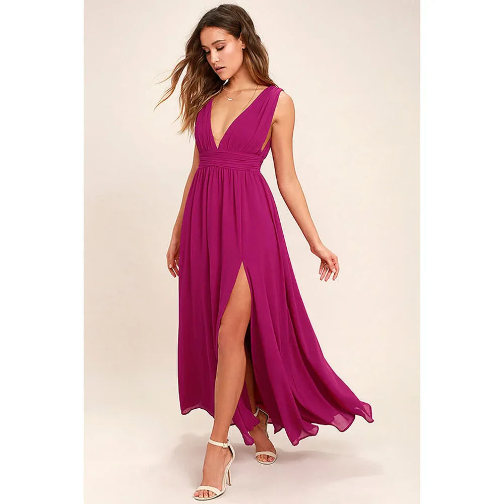 Elegant Dresses- Elegant Chiffon Maxi Dress - Plunging Neckline for Gala Nights- - IndioGear Fashion and Gear