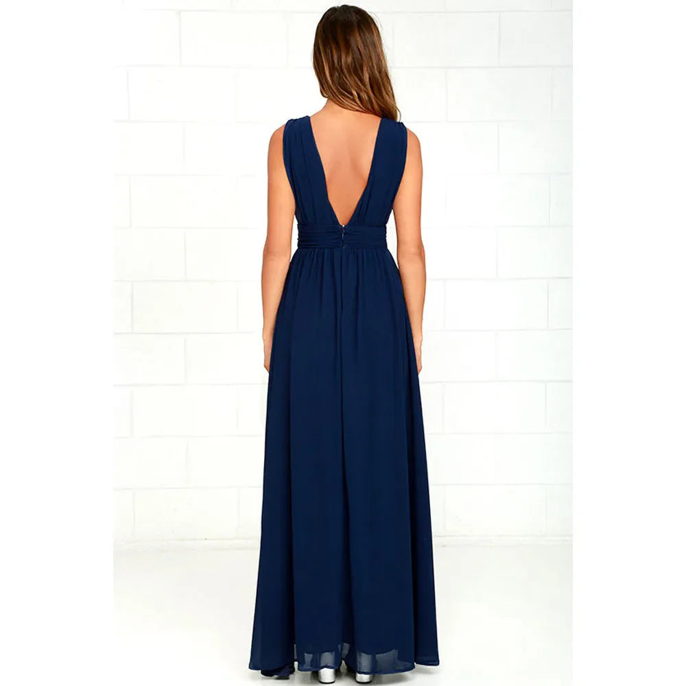 Elegant Dresses- Elegant Chiffon Maxi Dress - Plunging Neckline for Gala Nights- - IndioGear Fashion and Gear