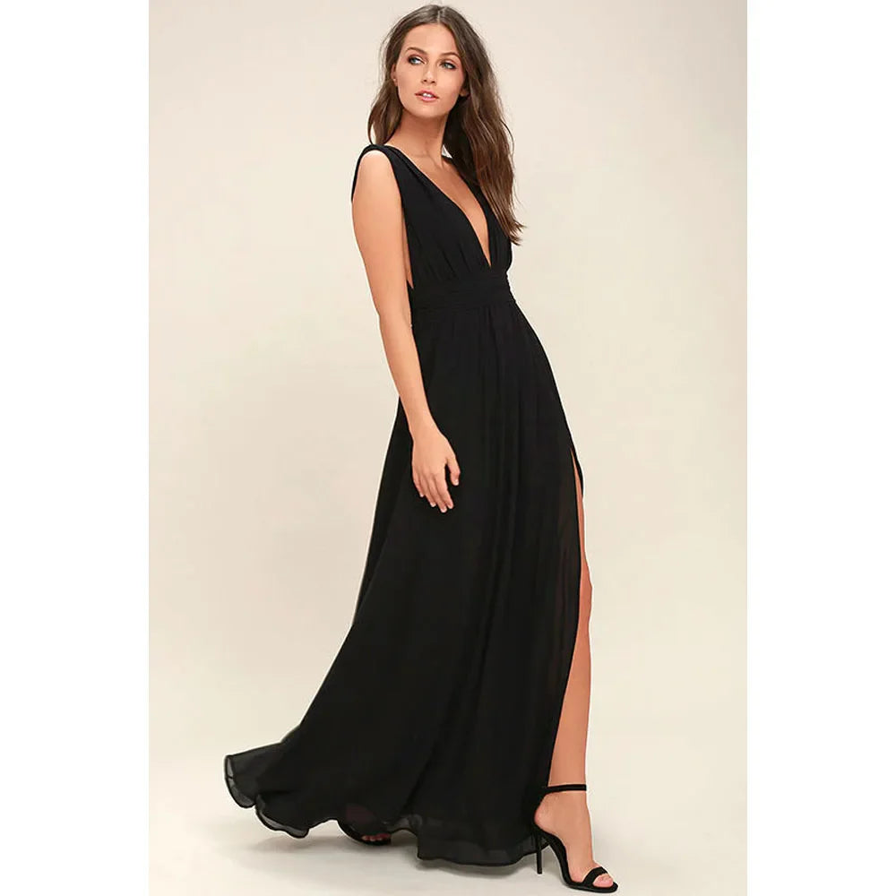 Elegant Dresses- Elegant Chiffon Maxi Dress - Plunging Neckline for Gala Nights- - IndioGear Fashion and Gear