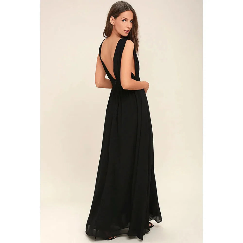 Elegant Dresses- Elegant Chiffon Maxi Dress - Plunging Neckline for Gala Nights- - IndioGear Fashion and Gear