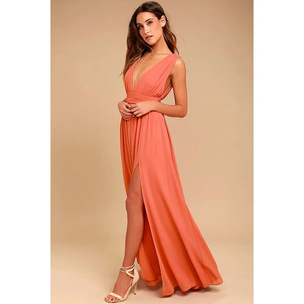 Elegant Dresses- Elegant Chiffon Maxi Dress - Plunging Neckline for Gala Nights- - IndioGear Fashion and Gear