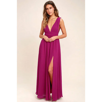 Elegant Dresses- Elegant Chiffon Maxi Dress - Plunging Neckline for Gala Nights- - IndioGear Fashion and Gear