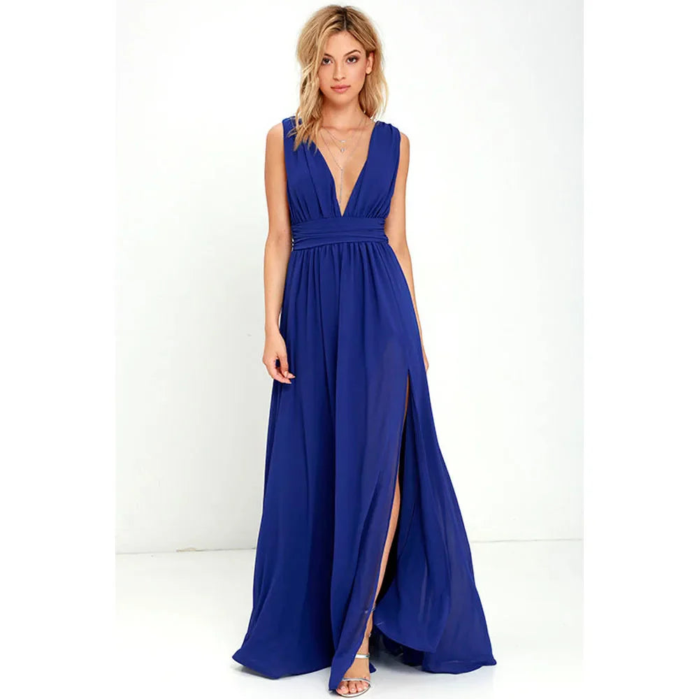 Elegant Dresses- Elegant Chiffon Maxi Dress - Plunging Neckline for Gala Nights- - IndioGear Fashion and Gear