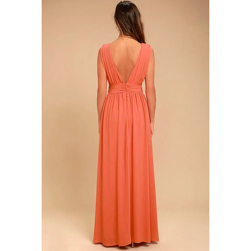 Elegant Dresses- Elegant Chiffon Maxi Dress - Plunging Neckline for Gala Nights- - IndioGear Fashion and Gear