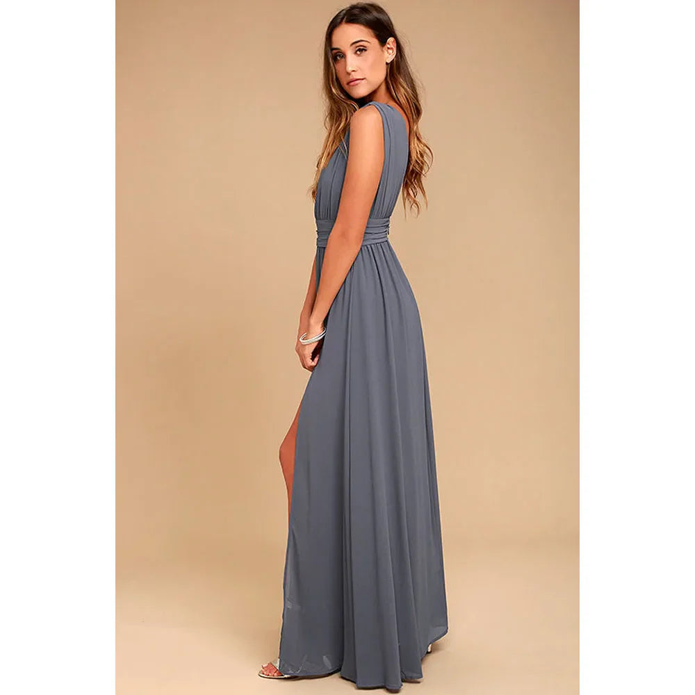 Elegant Dresses- Elegant Chiffon Maxi Dress - Plunging Neckline for Gala Nights- - IndioGear Fashion and Gear