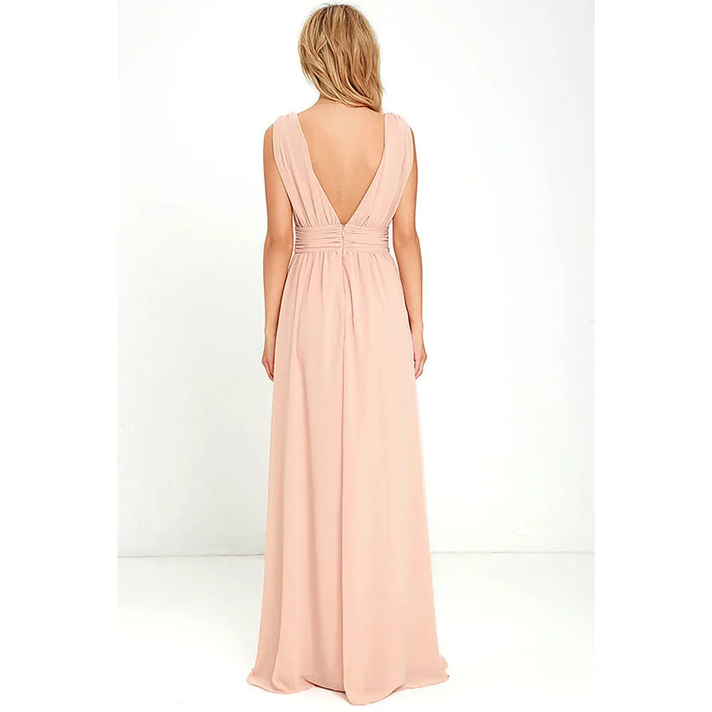 Elegant Dresses- Elegant Chiffon Maxi Dress - Plunging Neckline for Gala Nights- - IndioGear Fashion and Gear