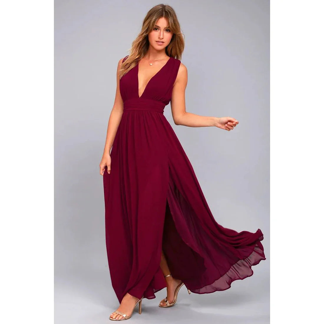 Elegant Dresses- Elegant Chiffon Maxi Dress - Plunging Neckline for Gala Nights- Burgundy- IndioGear Fashion and Gear