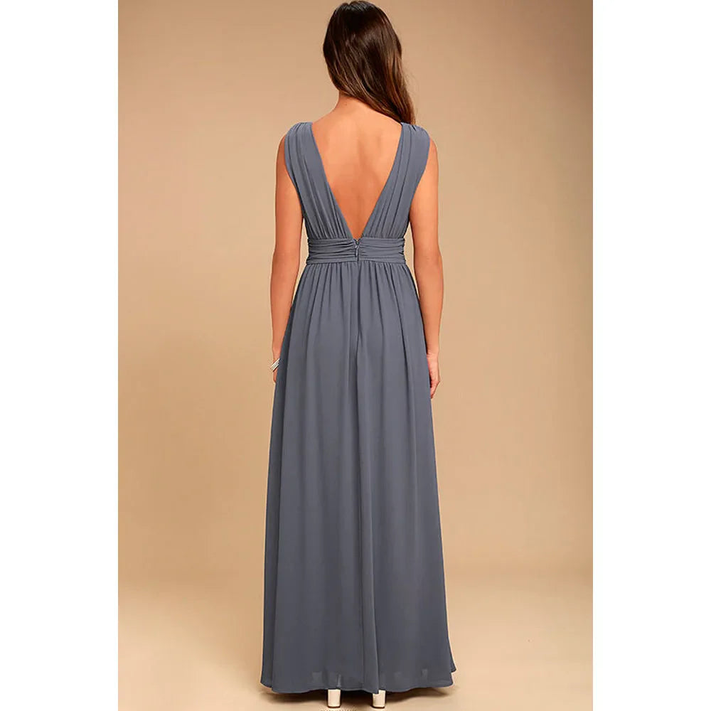 Elegant Dresses- Elegant Chiffon Maxi Dress - Plunging Neckline for Gala Nights- - IndioGear Fashion and Gear