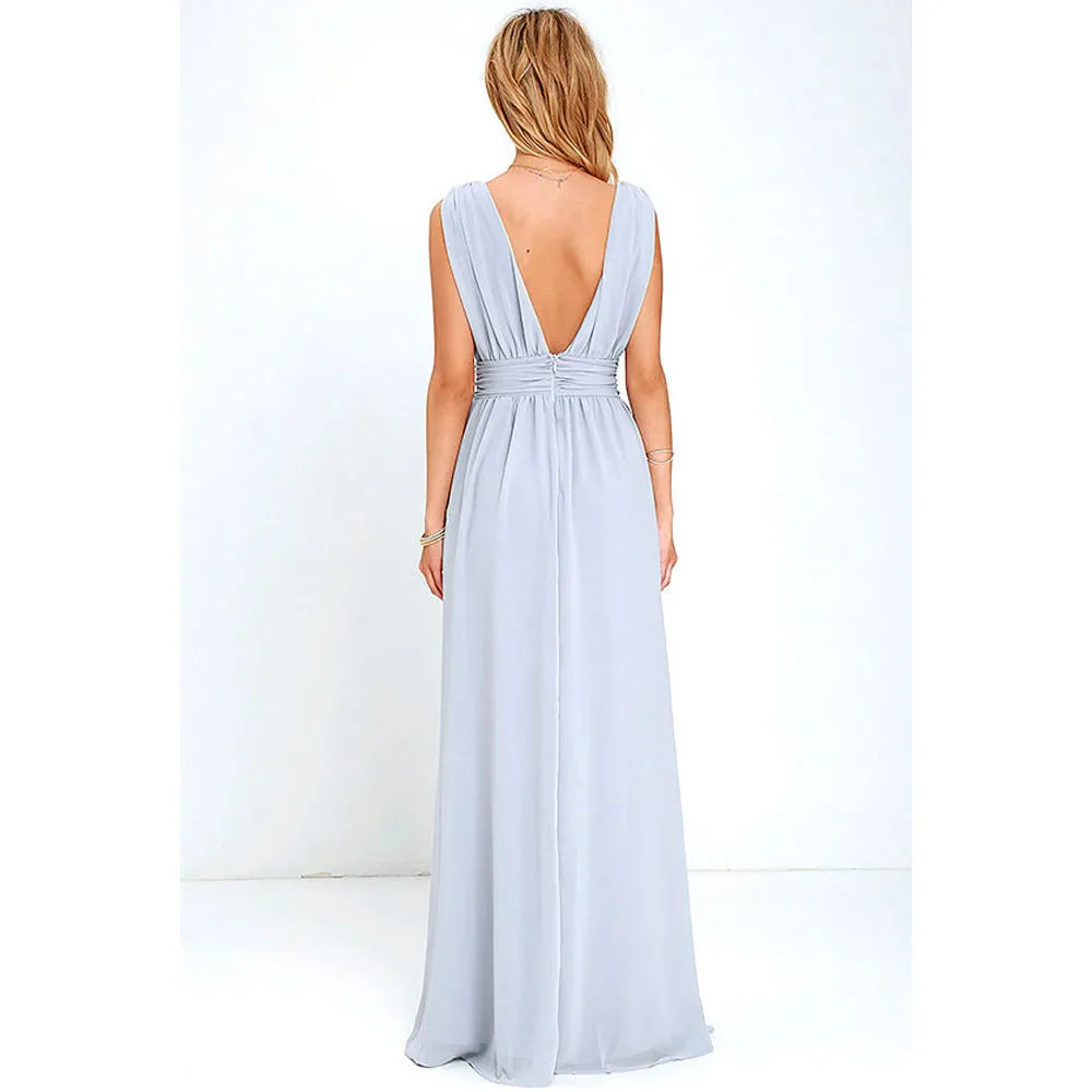 Elegant Dresses- Elegant Chiffon Maxi Dress - Plunging Neckline for Gala Nights- - IndioGear Fashion and Gear