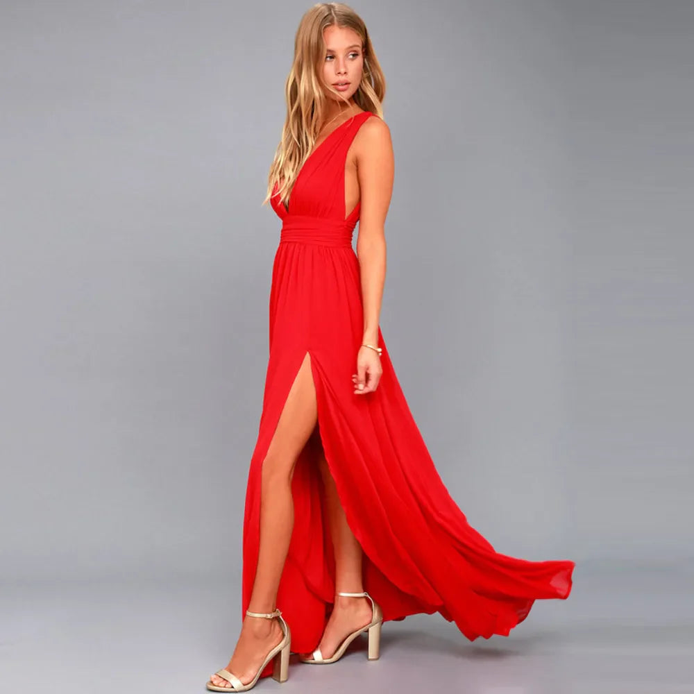 Elegant Dresses- Elegant Chiffon Maxi Dress - Plunging Neckline for Gala Nights- - IndioGear Fashion and Gear