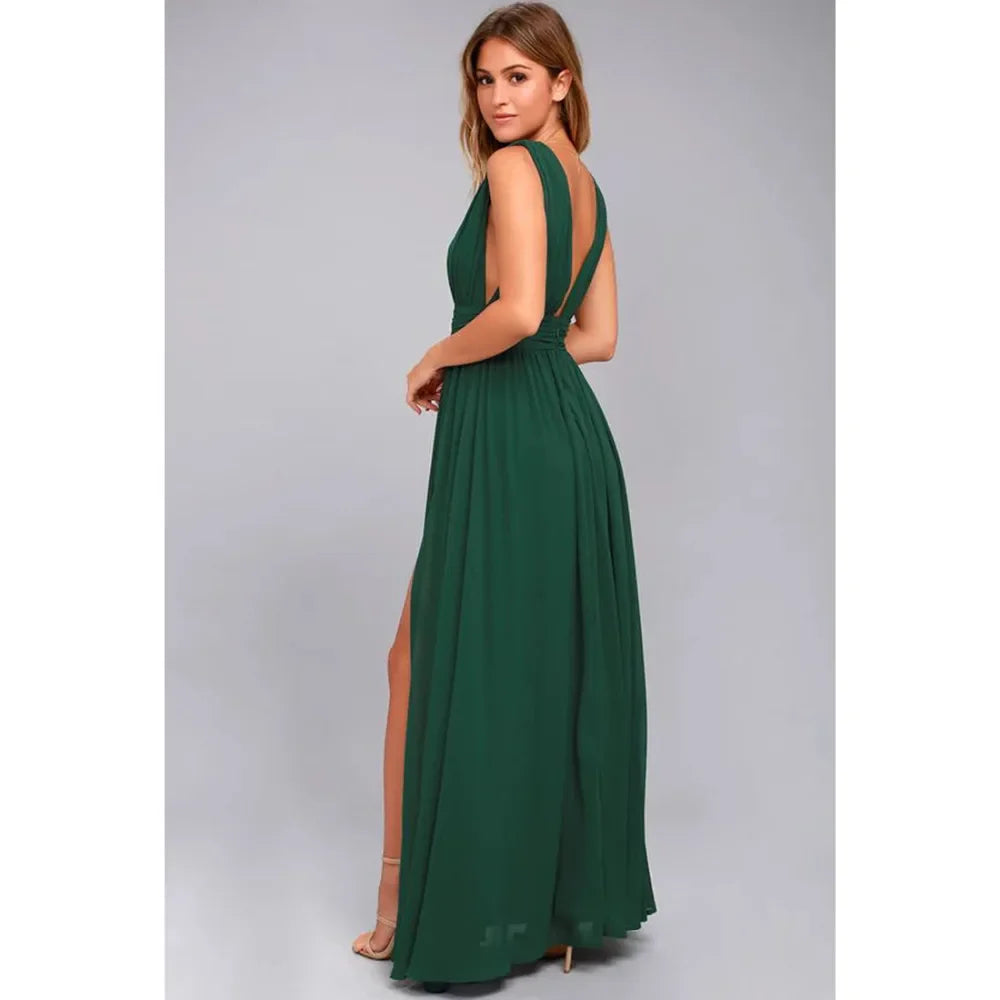 Elegant Dresses- Elegant Chiffon Maxi Dress - Plunging Neckline for Gala Nights- - IndioGear Fashion and Gear