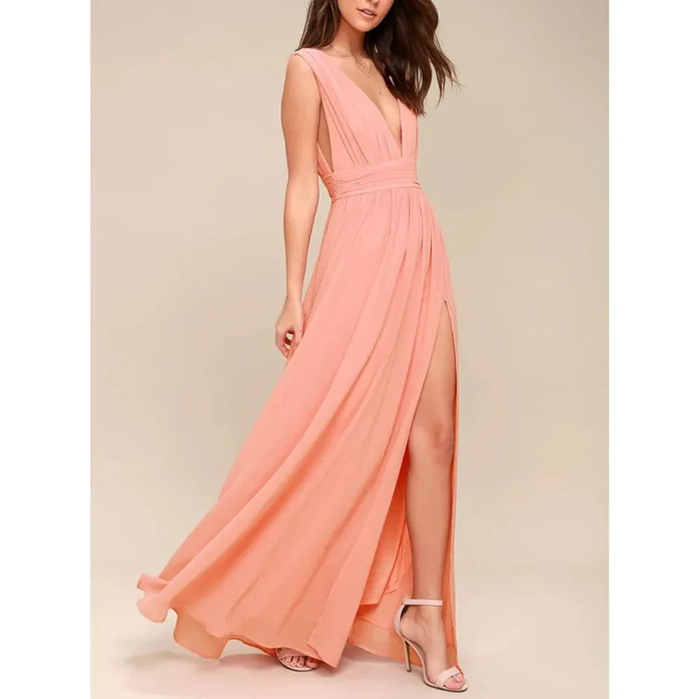 Elegant Dresses- Elegant Chiffon Maxi Dress - Plunging Neckline for Gala Nights- - IndioGear Fashion and Gear