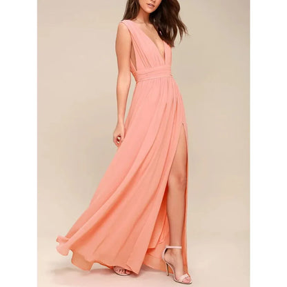 Elegant Dresses- Elegant Chiffon Maxi Dress - Plunging Neckline for Gala Nights- - IndioGear Fashion and Gear