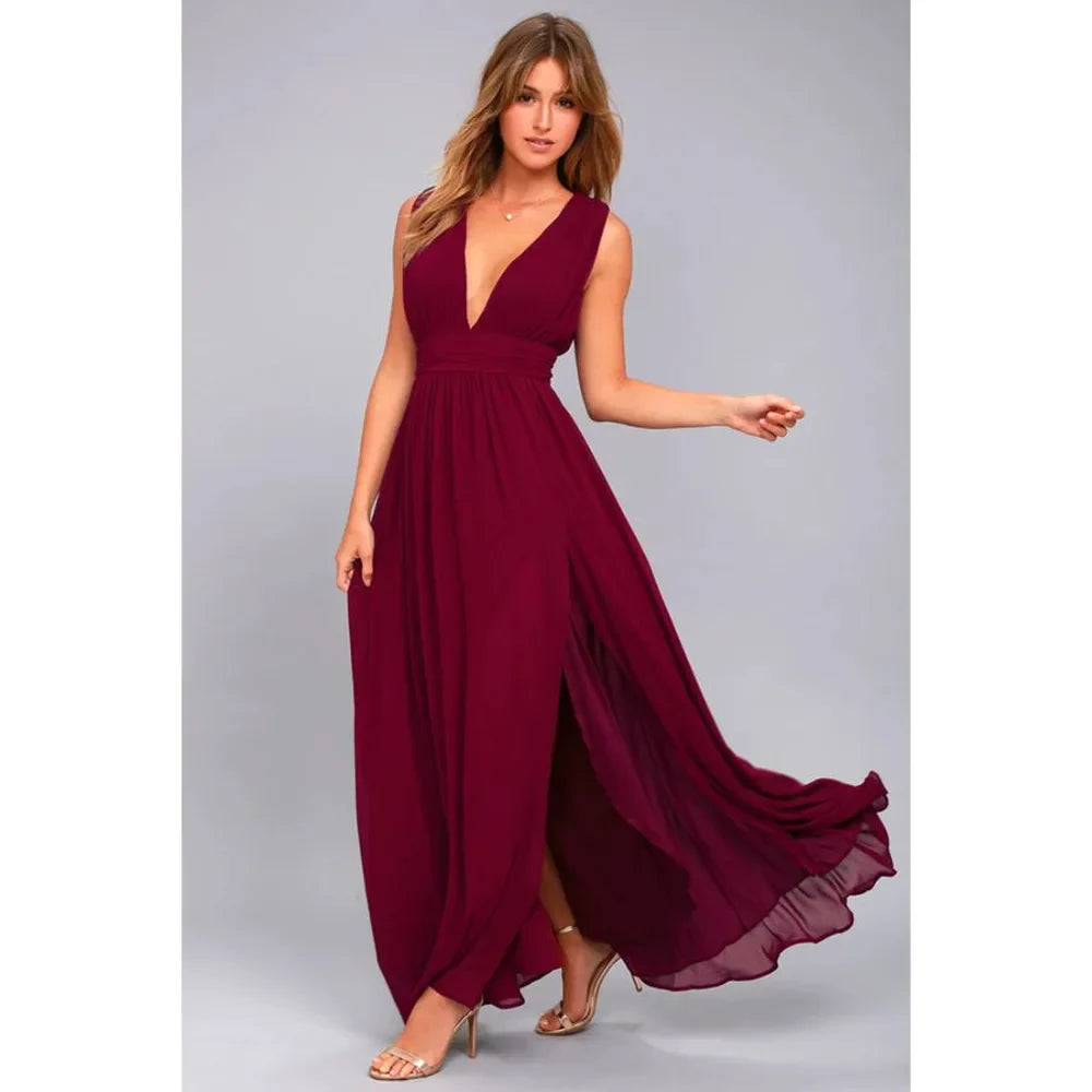 Elegant Dresses- Elegant Chiffon Maxi Dress - Plunging Neckline for Gala Nights- - IndioGear Fashion and Gear