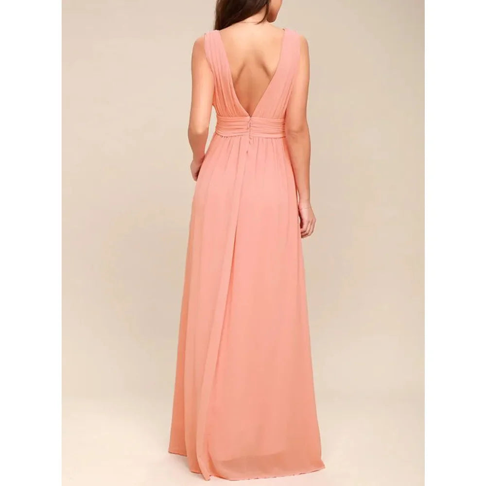 Elegant Dresses- Elegant Chiffon Maxi Dress - Plunging Neckline for Gala Nights- - IndioGear Fashion and Gear