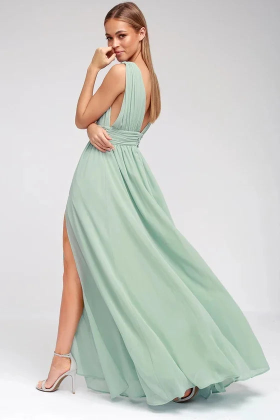 Elegant Dresses- Elegant Chiffon Maxi Dress - Plunging Neckline for Gala Nights- - IndioGear Fashion and Gear